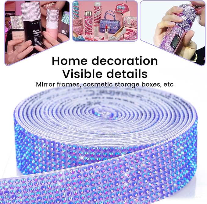 Novani Self Adhesive Rhinestone Ribbon, 0.78 Inch Wide 3 Yards 1 Roll, Deep Purple AB Crystal Diamond Bling Strips for DIY Crafts, Glitter Resin Rhinestones Tape for Crafting, Car Decoration