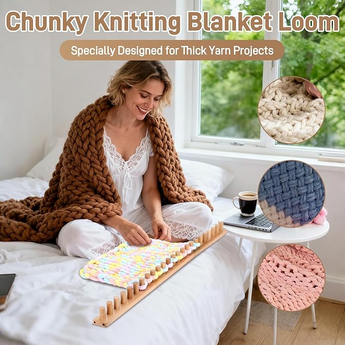 Sienson 48" Chunky Knitting Loom for Blanket Making – Adjustable Wood Frame, Portable DIY Hand Knitting Kit for Beginners, Reusable Blanket Loom for Bulky Yarn Crafts & Gifts