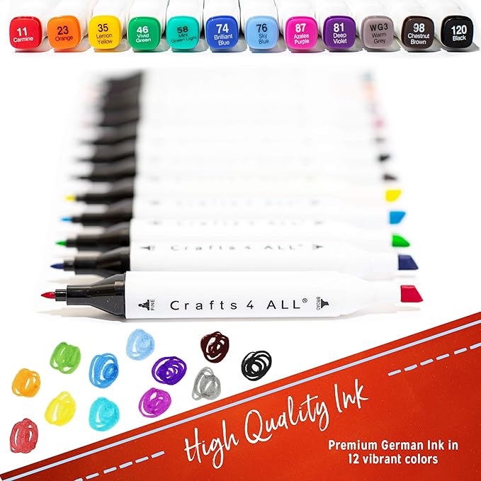 Crafts 4 All Fabric Markers for Clothes - Pack of 12 No Fade, Dual Tip Permanent Fabric Pens - No Bleed, Machine Washable Shoe Markers for Fabric Decorating - Laundry Marker, Erases Stains Easily