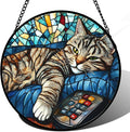 Stained Glass Window Hanging Gray Cat and Remote Control 9.8" - Suncatcher Door Garden Kitchen Sun Catcher Home Decor Birthday for Lost Pets Mom Men Woman Friend Grandma