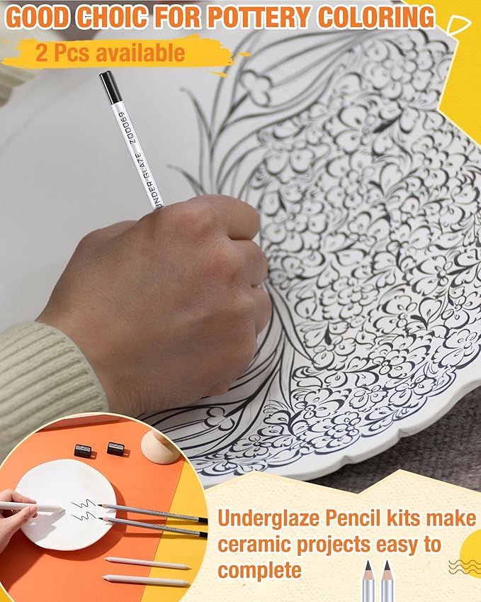 9 Pcs Underglaze Pencil Kits 2 Pcs Black Underglaze Pottery Pen for Ceramics with Blending Stump Pencil Extenders Sharpener Pen Case for Decorating Under Ceramic Pottery Bisque Ware