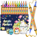 Metallic Acrylic Paint Markers, Dual Tip 24 Colors Acrylic Paint Pens with Brush Tip and Fine Point, markers for black paper, Art Supplies for Rock, Wood, Canvas, Stone, Glass,Grandkids, and Kids