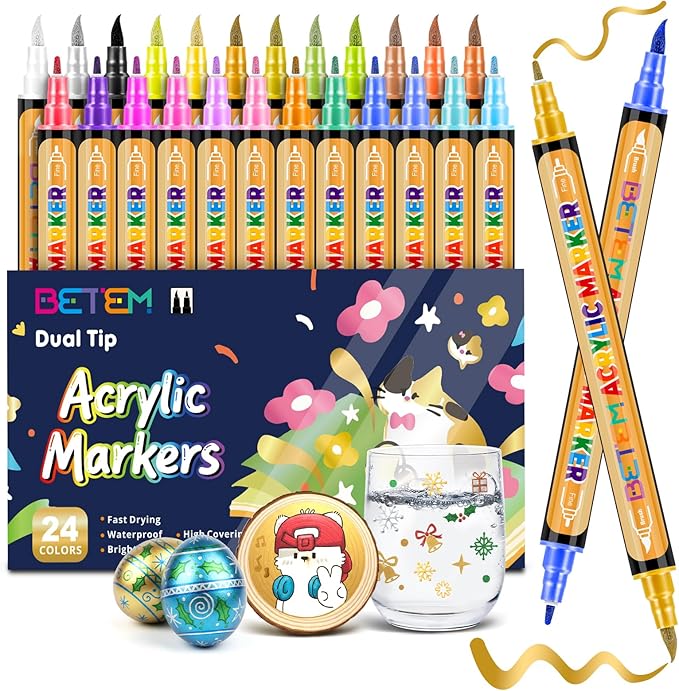 Metallic Acrylic Paint Markers, Dual Tip 24 Colors Acrylic Paint Pens with Brush Tip and Fine Point, markers for black paper, Art Supplies for Rock, Wood, Canvas, Stone, Glass,Grandkids, and Kids