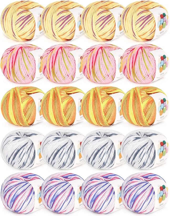 Katech 20 Skeins Cotton Yarn for Crocheting-55% Cotton 45% Acrylic-4 Medium (Worsted)-Super Soft Milk Cotton Yarn-Great Crochet and Knitting Starter Kit for Colorful Craft（Color G）