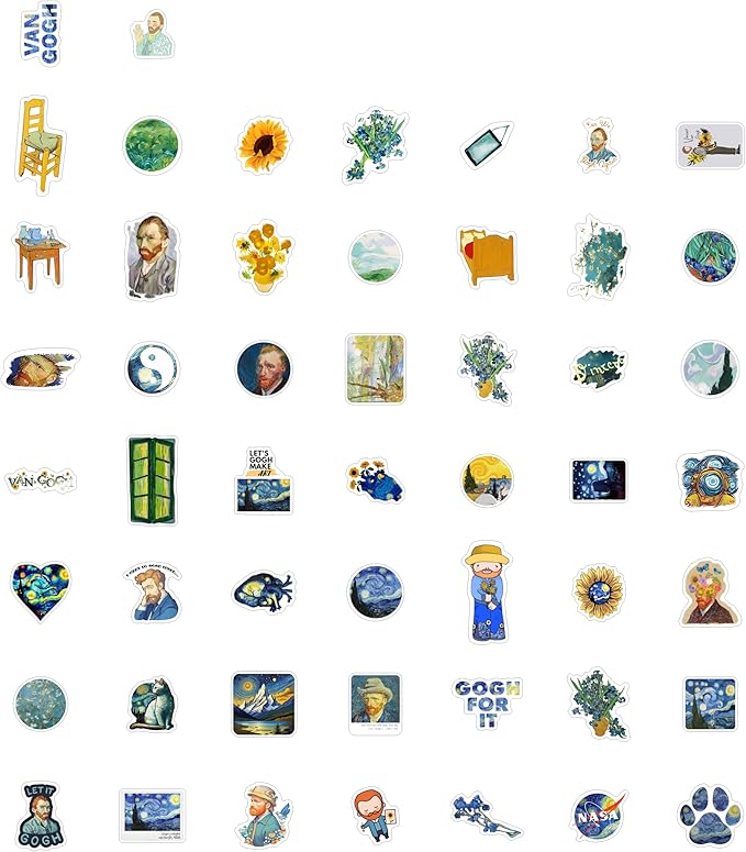 BulbaCraft 100Pcs Van Gogh Stickers for Water Bottle and Laptop - Van Gogh Party Supplies & Decorations, Waterproof Vinyl Decals, Art and Museum Stickers, Gifts for Women & Men