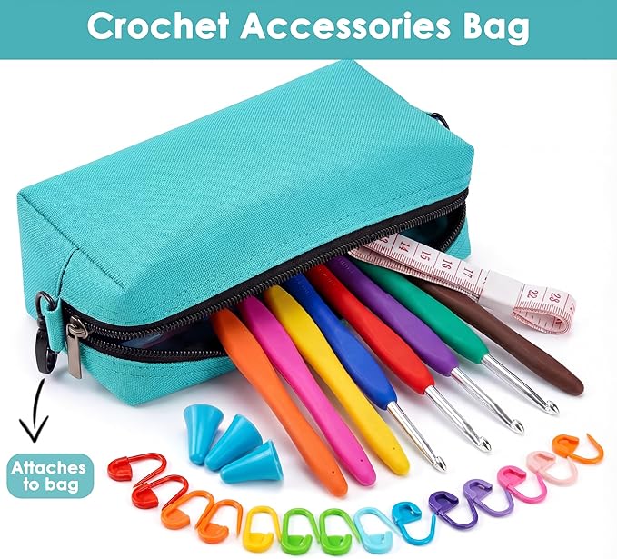 Expandable Large Crochet Bag, Zippered Yarn Storage Organizer & Knitting Tote Bag with Multiple Pockets, Craft Accessories Case, Gift for Crafters
