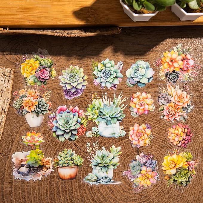 120Pcs Colorful Succulent PET Stickers, Vibrant Multicolor Botanical Designs for Journaling, Scrapbooking, DIY Crafts, and Creative Projects