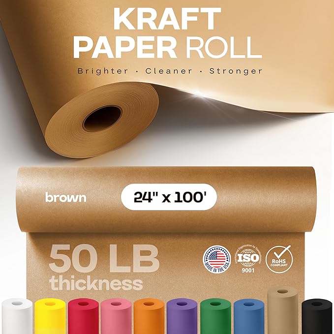 Brown Paper Roll 24" x 1200" (100 feet) - USA-Made Thick Kraft Paper Roll 50lb Thickness for Packing, Moving, Shipping & Crafts/Arts - 100% Recycled Natural Craft Wrapping Material by IDL Packaging