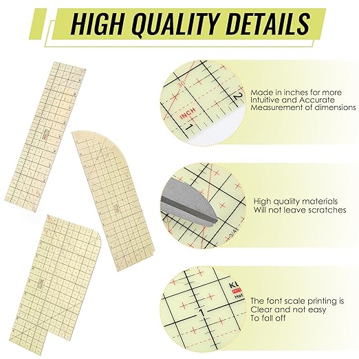 3 Pieces Hot Hem Ruler for Sewing Ruler Heat Resistant Ruler for Quilting and Sewing Tool Thin Pattern Making Clean Measuring Non-Slip Pressing Tool