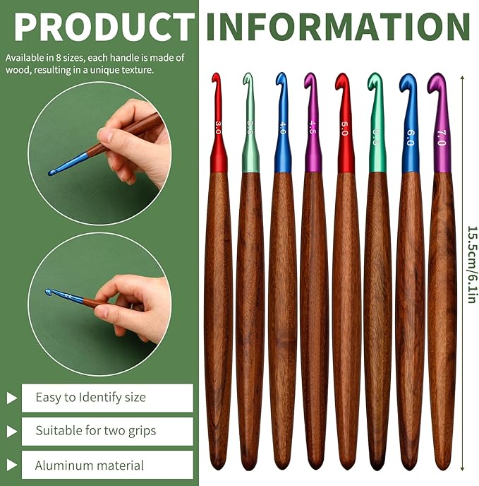 Nitlak Crochet Hooks 8 PCS, 3mm-7mm Ergonomic Crochet Hook Set, Aluminum Crochet Hook with Wooden Handle, Crochet Needles for Arthritic Hands (3mm/3.5mm/4mm/4.5mm/5mm/5.5mm/6mm/7mm)