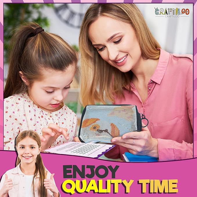 CRAFTILOO Pre Printed Needlepoint Wallet kit for Kids Embroidery Arts and Crafts Sewing Set Cross Stitch (Cat&Dog)