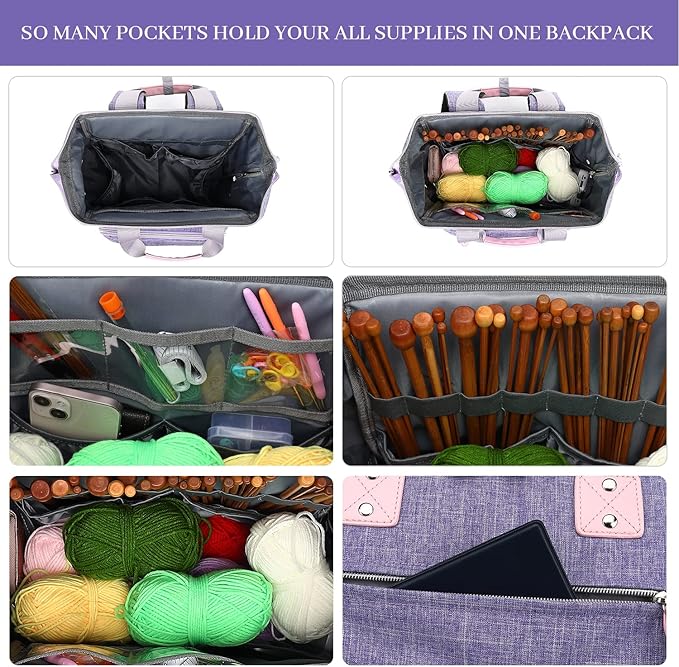 Crochet Backpack,Knitting Bag Backpack Yarn Storage Organizer Travel Crochet Bag with USB Charging Port,Large Yarn Tote Bag Yarn Holder Case