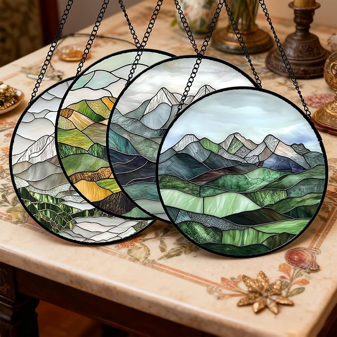 Stained Glass Window Hanging 4 Pcs Set Mountain River Landscape 6.3" - Suncatcher Door Garden Sun Catcher Decor Birthday Mother's Day for Mom Woman Nana Girl Boy Friend