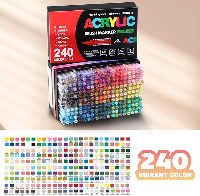 240 Colors Acrylic Paint Markers, Soft Brush Tip Acrylic Paint Pens for Stone, Wood, Glass, Rock Painting, Canvas, Ceramic, DIY Crafts Art Supplies