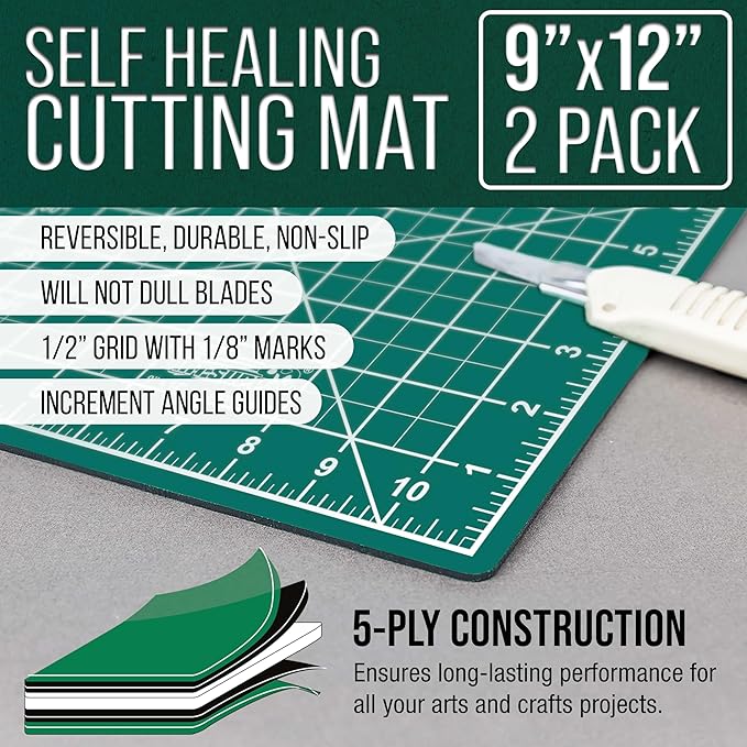 U.S. Art Supply 9" x 12" Self-Healing Cutting Mat 5-Ply (2 Pack) - Double-Sided Green/Black Craft Mat, Non-Slip Cutting Mats for Crafts, Sewing, Quilting, Scrapbooking