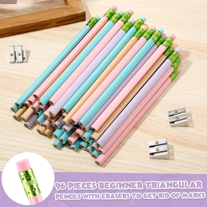 Fainne 102 Pcs Bulk Thick Jumbo Graphite Pencils Set 96 Fat Giant Large Pencils and 6 Sharpeners Enhanced Grip for Art Drafting Writing Drawing Office and Home Use(Macaron Colors,Triangle)