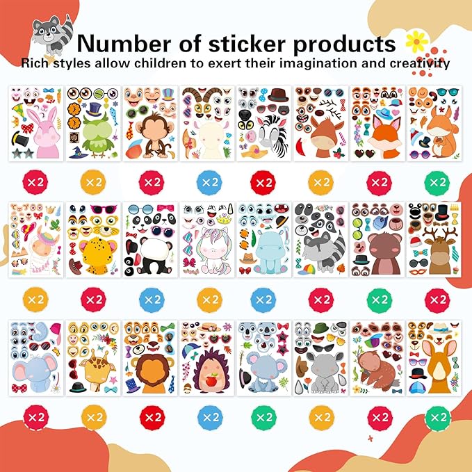 48 PCS Make a Face Stickers Sheets for Kids, Make Your Own Animal Mix and Match Stickers Sheets, Cute Animal Sticker for Birthday Party Favors Supplies Teacher Reward