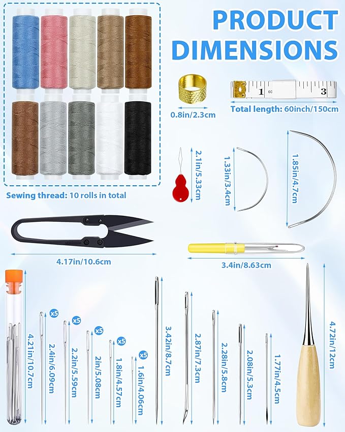 PLANTIONAL Upholstery Repair Sewing Kit, Heavy Duty Sewing Kit with Sewing Awl, Seam Ripper, Leather Hand Sewing/Stitching Needles, Sewing Thread for Car/Sofa/Backpack/Shoe, Craft DIY, 10 Color, 47Pc