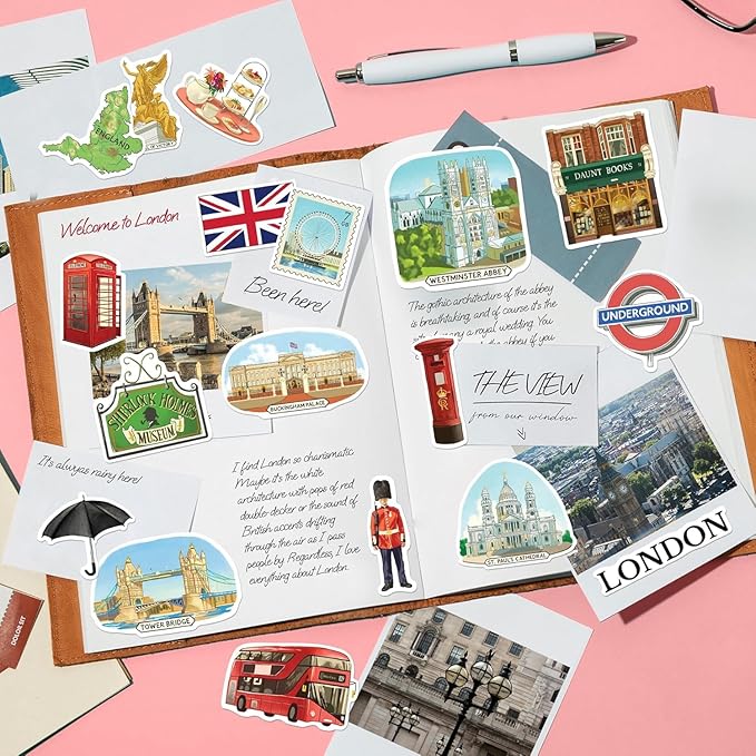 Navy Peony Bustling London Travel Stickers (28pcs) - Gouache Style, English-Themed Vacation Decals for Journals, Scrapbooks, Luggage, Water Bottle