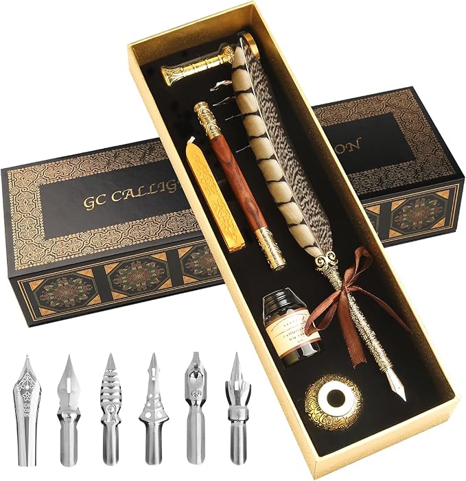 GC QUILL Calligraphy Pen Set - Feather Dip Pen,Dual Tip Calligraphy Fountain Pen, Stamp, Wax Candle, Pen Base, Ink Bottle, Ink Cartridges L1492