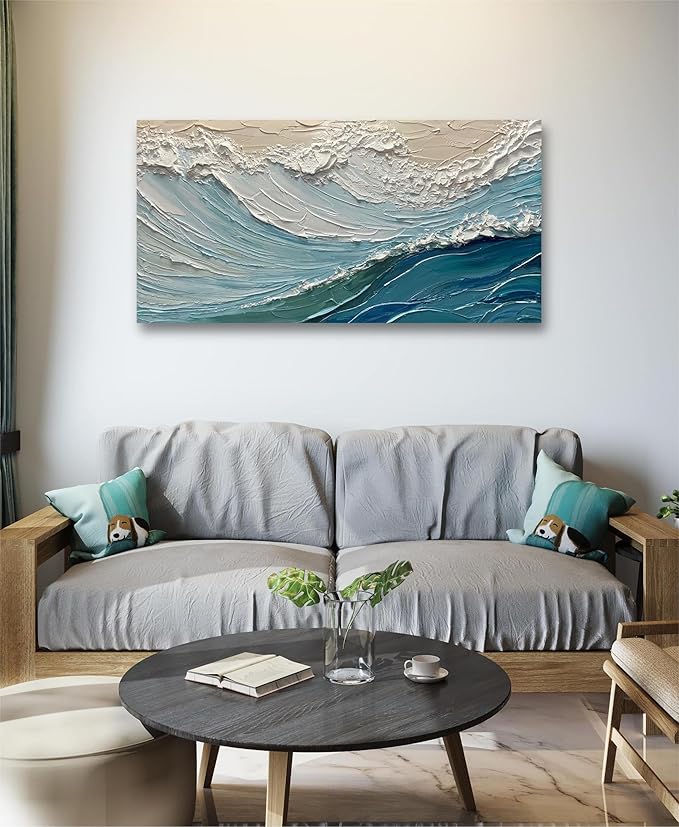 V-inspire Art,Ocean Waves Wall Art 30x60 inches Hand-Painted Oil Paintings Canvas in Turquoise Blue Frame Living room Bedroom Wall Decoration