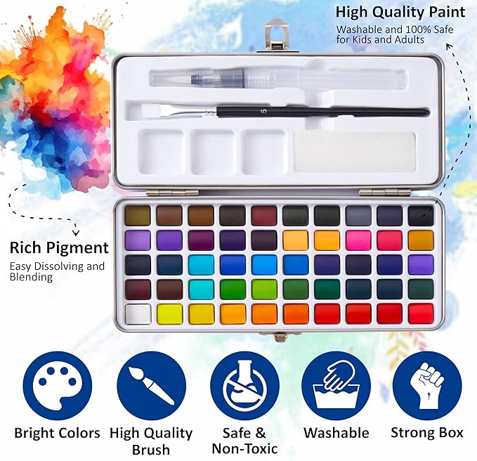 Professional Watercolor Paint Set – 50 Brilliant Colors, 6 Detail Brushes, Water Brush Pen, Swatch Sheet, Sponge & Metal Case – Portable Non-Toxic Colors with ASTM D-4236 Certificate, Kit for Adults, Artists & Students