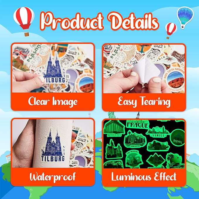 100 Pcs World Featured Architecture Sticker for Water Bottle, Adults Waterproof Vinyl Travel Map Laptop Decals, Girls Kids Teens Phone Case Vintage Aesthetic Stickers