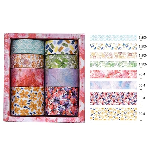 8 Rolls Retro Washi Tape Set Vintage Arts Adhesive Tapes Wide Painting Patterned Decorative Masking Tape Sets for Craft, Kids, Scrapbook, DIY, Gift Wrapping (Watercolor Ink)