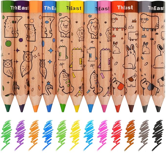 ThEast Toddlers Colored Pencils, 12 Color Pencils for Kids, Cute Animal Toddler Crayons Drawing Pencil with Sharpener, Pre-Sharpened(Pack of 1)
