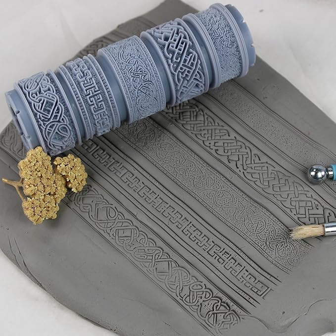 Celtic Manuscript Clay Texture Roller (4") - Seamless Border Set #01 - Embossing Pattern Roller for Polymer & Ceramic Clay, Pottery & Crafts