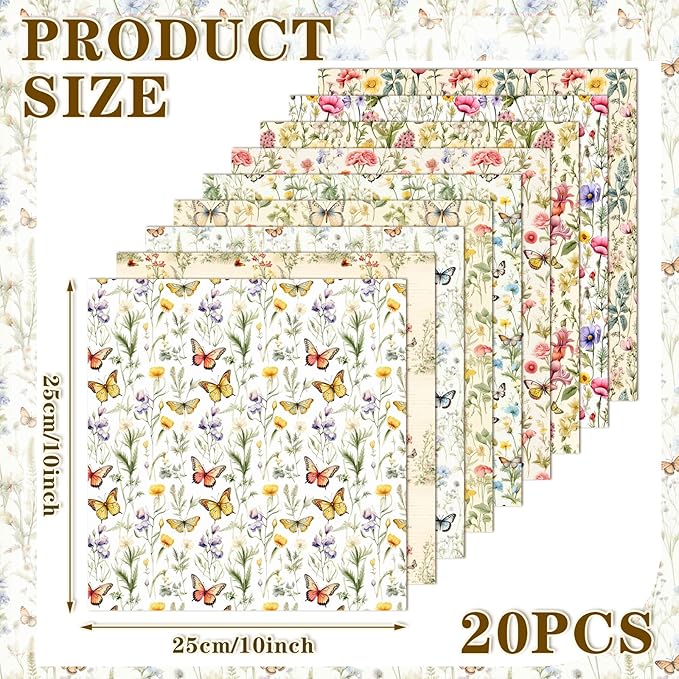 HunnmingRe 20 Pcs 10''x10'' Yellow Wildflower Quilting Fabric Square Romantic Wildflower Butterfly Quilted Fabric Bundle Spring Floral Precut Printed Patchwork Supplies for Summer DIY Sewing Craft