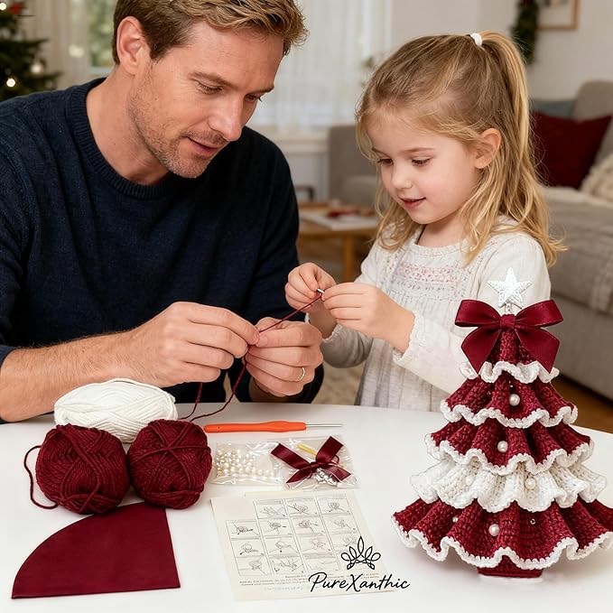 DIY Crochet Christmas Tree Kit – Handmade Holiday Decoration Set,Parent-child activities craft kit,Tree Bow Pearl Embellishment,Cross-stitch by hand,Festive decorations (Multicolour) (Red & White)