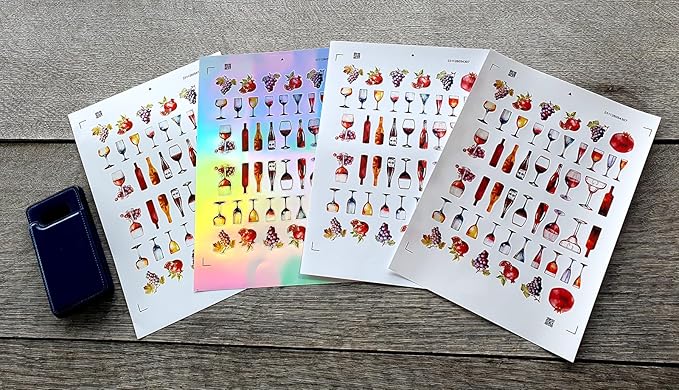 Stickers Pack (Over 150 Stickers) Various Bottles and Glasses of Wine with Berries and Fruits Vintage Styled Small Vinyl Stickers White Holographic Transparent