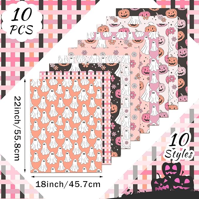 Hahafelt 10 Pcs 18 x 22 Inch Pink Ghost Halloween Quilting Fabric Squares Ghost Floral Fabric Bundles Pumpkin Flower Fat Quarters Pink Black Skull for Halloween DIY Craft Sewing Handmade