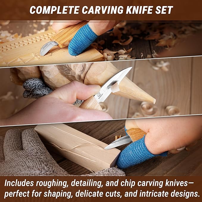 BeaverCraft Wood Carving Knife Kit S15 Whittling Kit for Beginners, Kids - Wood Carving Tools Set with Detail Chip Knife Sloyd Whittling Knives & Leather Strop, Polishing Compound and Tutorials