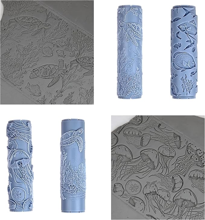 Coastal Creatures Collection 4-Pack Clay Texture Rollers (4") - Seamless Ocean Set #01 - Embossing Pattern Rollers for Polymer & Ceramic Clay, Pottery & Crafts