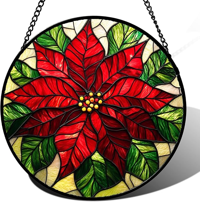 Stained Glass Window Hanging - Poinsettia Suncatcher for Door Garden Home Decor Birth Flower Sun Catcher Birthday Mother's Day for Lovers Friend Women Mom Nana 11.8 in