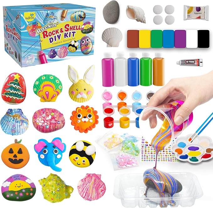 Kiditos Rockin' Rock & Shell Painting- Treasure Painting Kit,Arts and Crafts for Kids 4-12, Kids Painting Set, DIY Arts & Crafts Toys for Boys Girls Birthday Party Activities Gifts