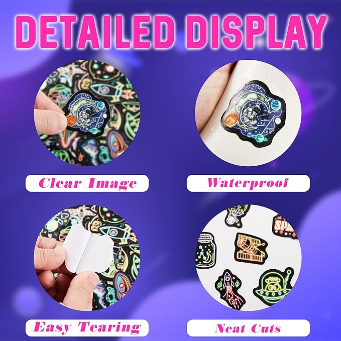 75 Pcs Neon Space Planets Stickers for Kids, Vinyl Astronaut Sticker for Water Bottle, Waterproof Laptop Decals for Teens Girls Boys Adults