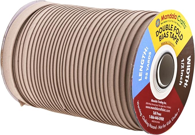 Mandala Crafts 55 Yards 1/2 Inch Taupe Double Fold Bias Tape for Sewing - Bias Binding Tape for Quilting Binding, Hemming, Seam, and Fabric Piping