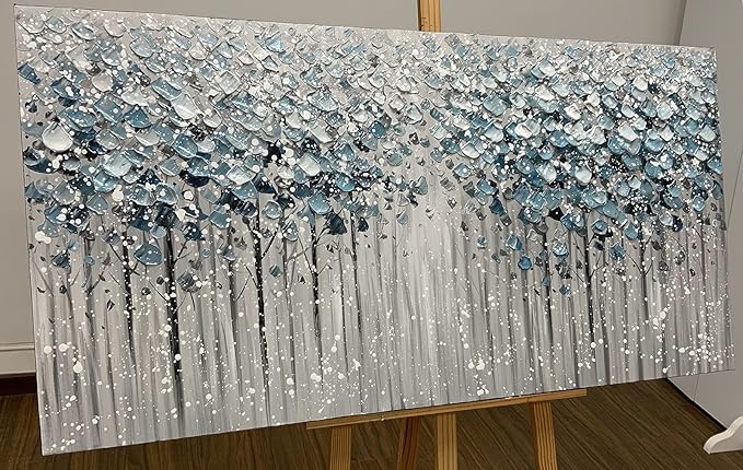 Yotree Paintings - 30x60 Inch 3D Oil Paintings on Canvas Blue Forest Heavy Texture Acrylic Painting Wall Art Wall Decoration Wood Inside Framed Hanging Ready to Hang