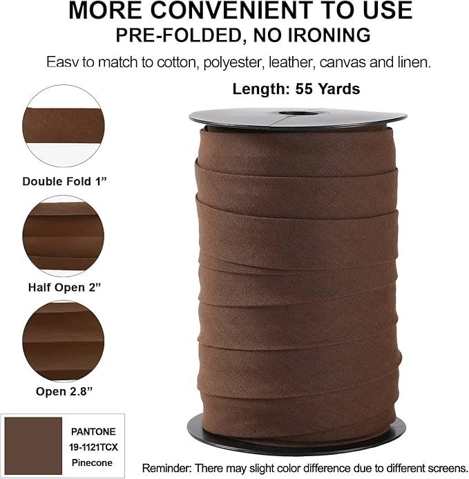 Bias Tape Double Fold 1 inch, Double Fold Bias Binding Tape 55 Yards (Brown) and 4 Pieces Sewing Fabric Chalks for Crafts, Sewing, Seaming, Hemming, Piping, Quilting.