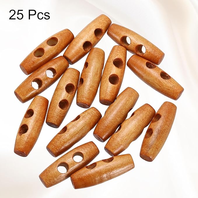 HARFINGTON 25pcs Wooden Toggle Buttons 30mm / 1.2" Double Hole Wood Olive Horn Sewing Buttons for Coat Sweaters Clothing DIY Craft, Medium Brown