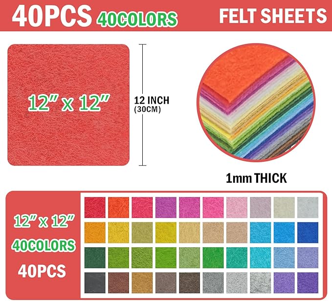 40PCS Felt Fabric Sheets Craft - 12"x 12" Assorted Colors - 1mm Thick Square Nonwoven Felt Fabric for Crafts DIY