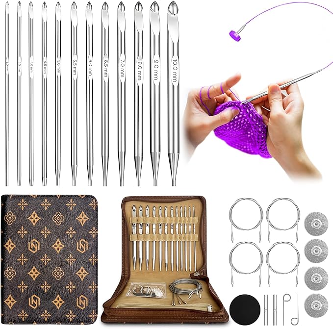 Vdsfand Tunisian Crochet Hooks Set-12 Hooks(3mm-10mm) Aluminium Interchangeable Crochet Hooks with Cable,Ergonomic Grips Afghan Crochet Knitting Needles for Crocheting (26)