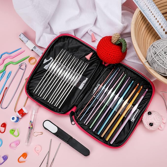 KOKNIT Crochet Hooks Set with Storage Case, Soft Grip Ergonomic Crochet Needles, Smooth Coloured Aluminum Yarn Crochet Hooks Crochet Kit with Crochet Tools Supplies and Accessories (Beginners)