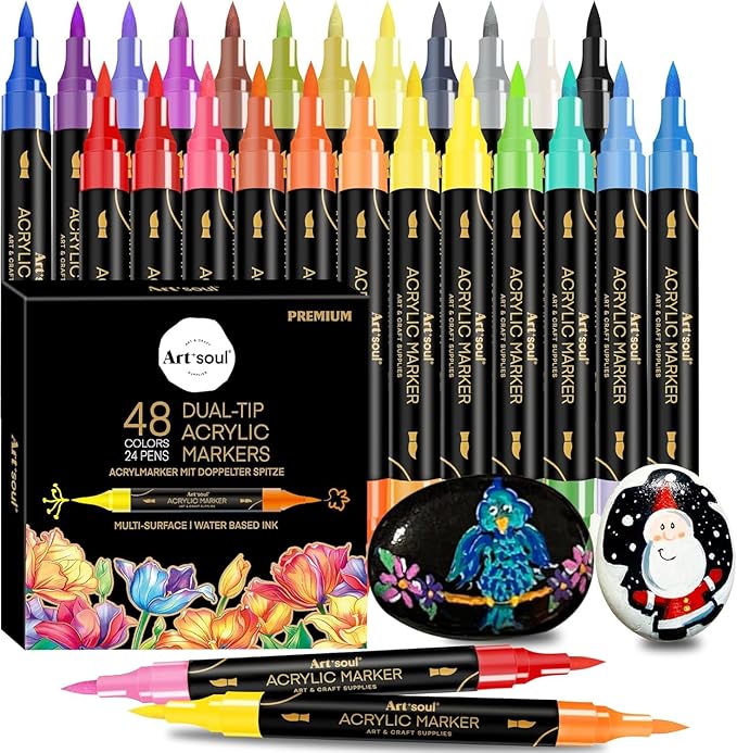 48 Colors Acrylic Paint Pens, 24 Pack Dual Tip Acrylic Paint Pens Markers for Rock Painting, Wood, Stone, Canvas, Ceramic, Glass Surfaces, DIY Crafting & Art Supplies