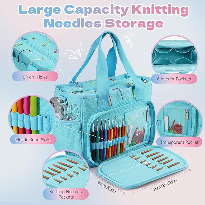 Dadanism Crochet Bag, Knitting Tote Bag, Yarn Storage Holder with Handle & Shoulder Strap, Yarn Storage Organizer for Crocheting Knitter, Crochet Hooks, Knitting Needles Kit, Sewing Supplies, Blue