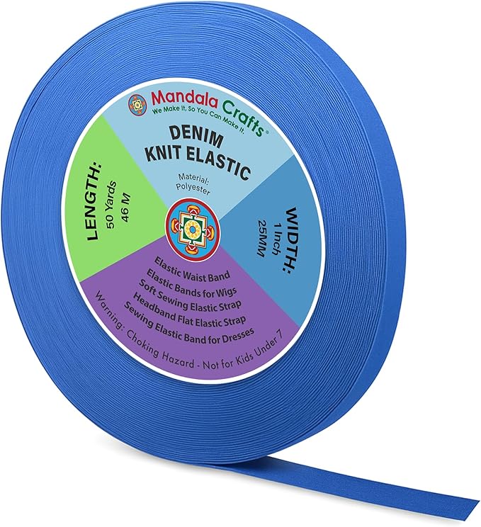 Mandala Crafts Wide 1 Inch Denim Elastic Bands Spool for Pants Waistbands Sewing and DIY Crafts, 50 YD Stretchy Flat Fabric Strap Knit Elastic Band for Wig