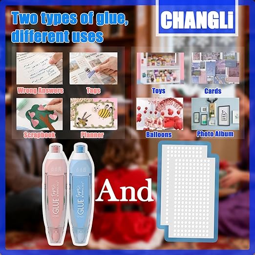 CHANGLi 6pack Refillable Scrapbook Glue Tape, 400pcs Power Glue Points, 16FT*1/5 Inch Double Sided Tape for Crafts,Scrapbooking Supplies, Adhesive Glue Runner for Gift Wrapping, Photo